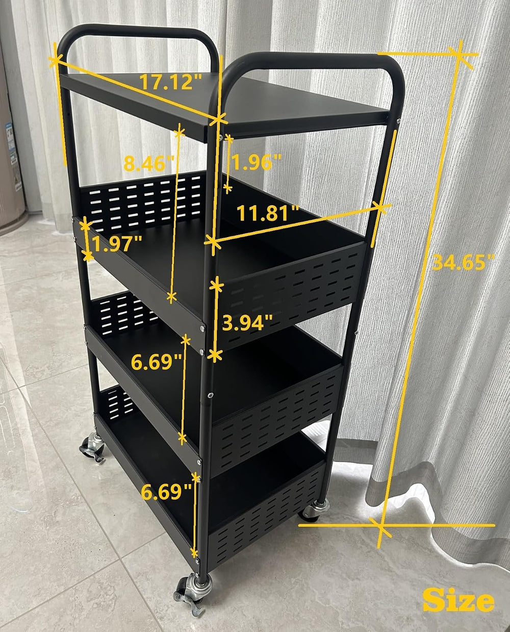 4 Tier Rolling Metal Storage Cart Heavy Duty Kitchen Utility Black