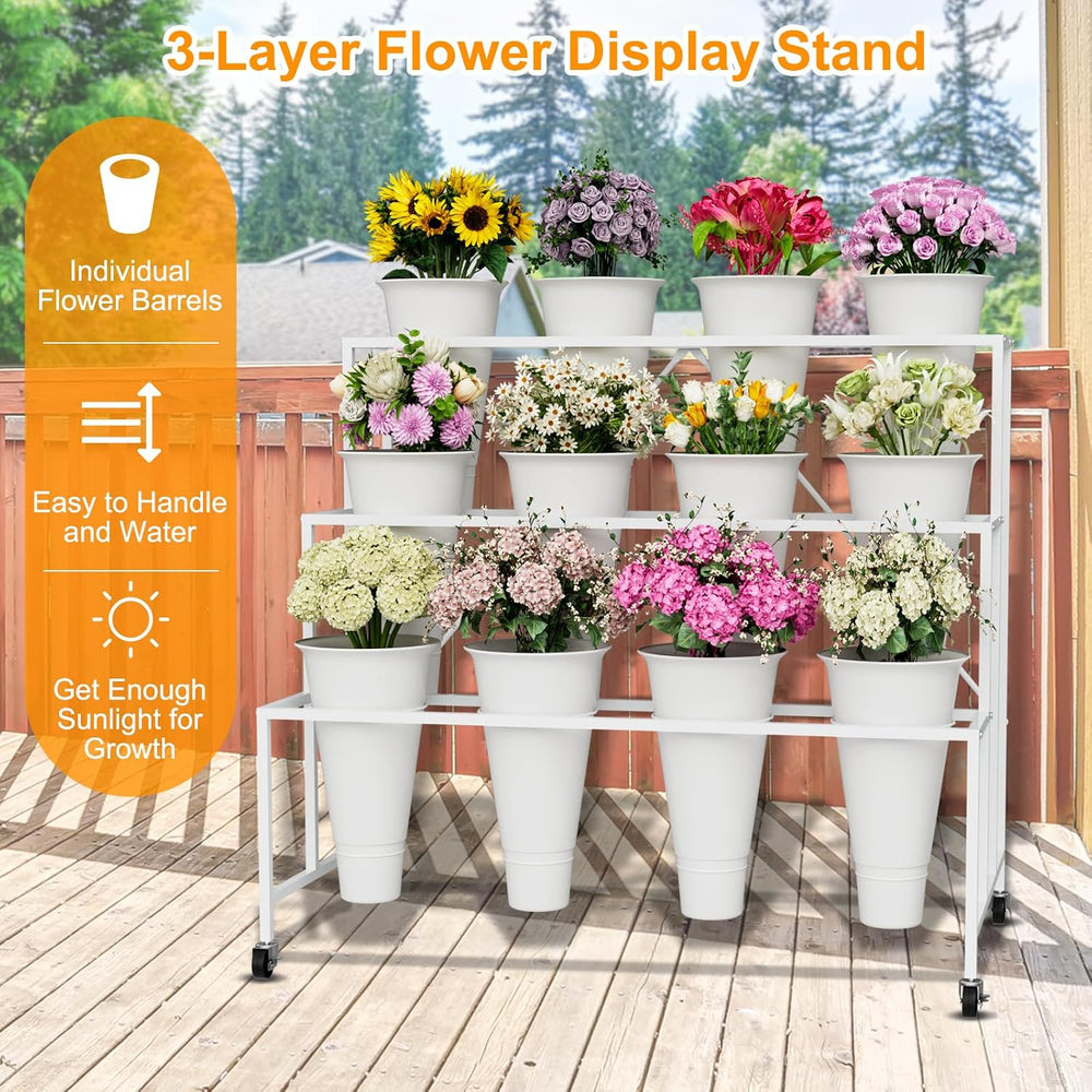 Flower Stand, 3-Tier Flower Display Stand with Buckets for Indoor Outdoor, Fl...