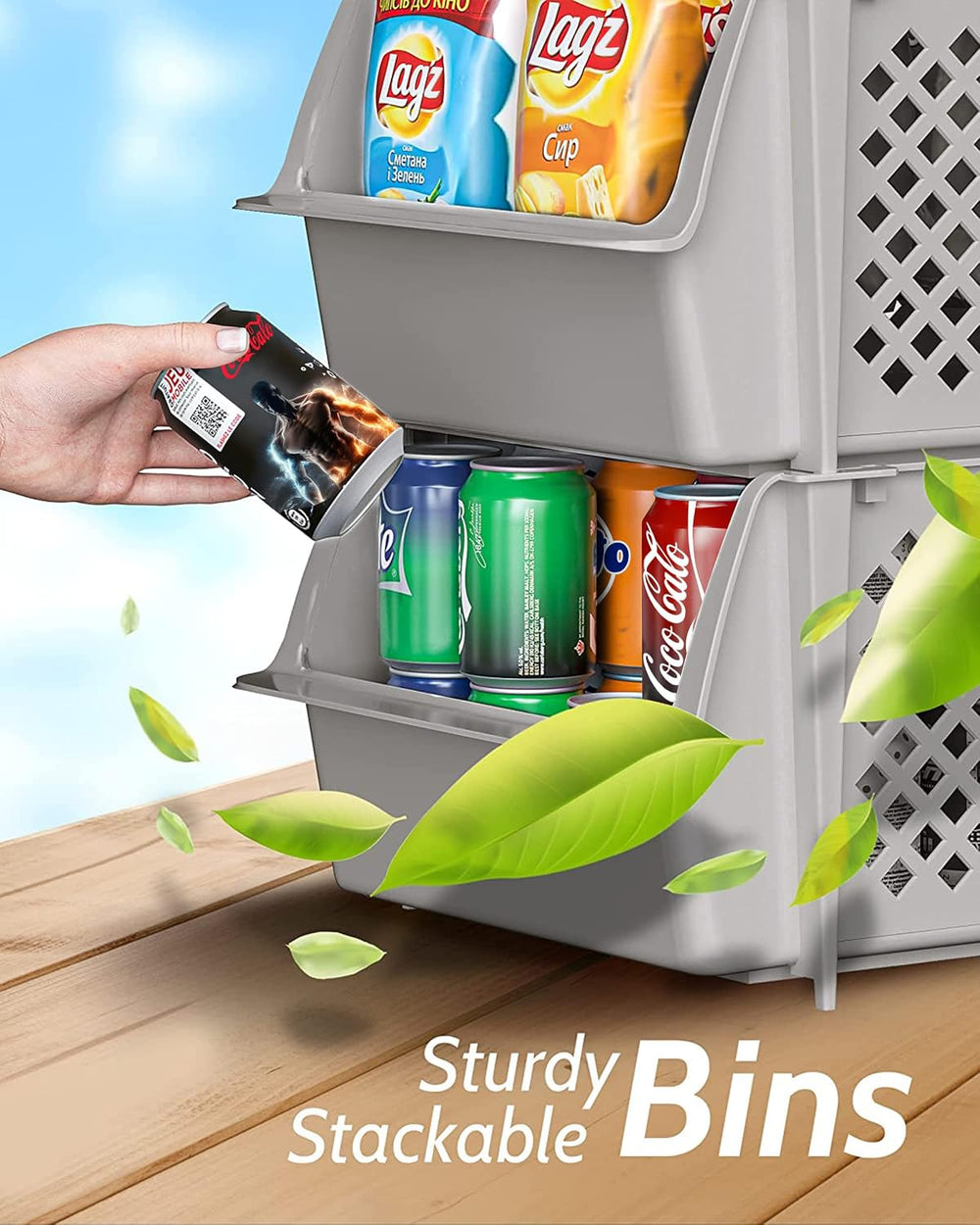 Stackable Storage Bins Open Front for Pantry Storage, 4 Pack - Light Grey