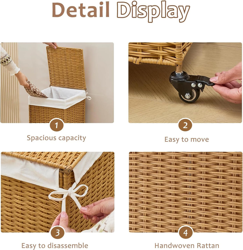 Handwoven Hamper with Lid, Laundry Basket with Wheels