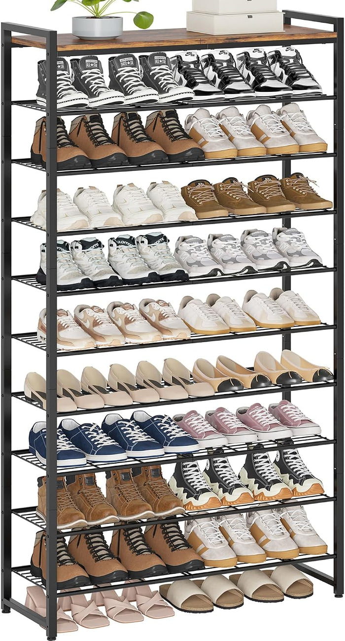 10 Tier Shoe Rack Organizer for 40-50 Pairs, Tall Metal Shoe Storage Shelf with Wood Top, Adjustable Boot Space, Narrow Design for Entryway Closet,Rustic Brown and Black
