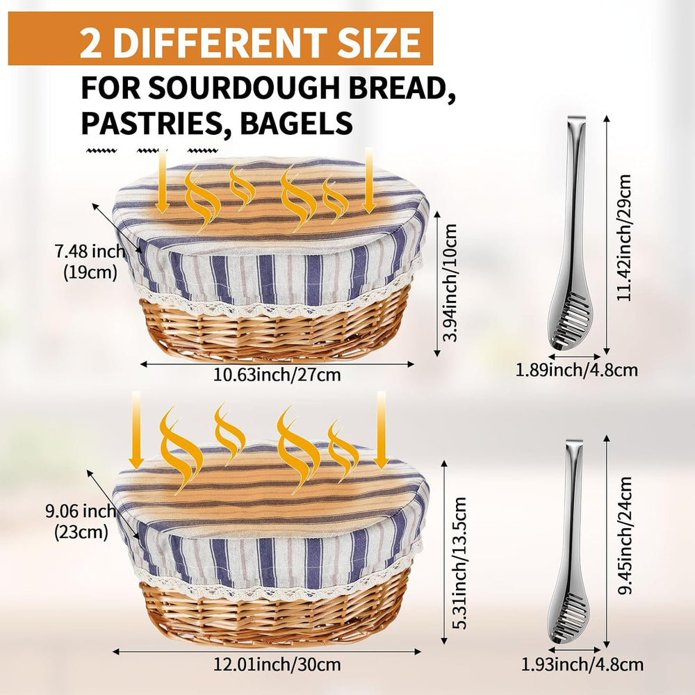 2 Set 11" 12" Bread Basket, Natural with Gray White Stripes Cover