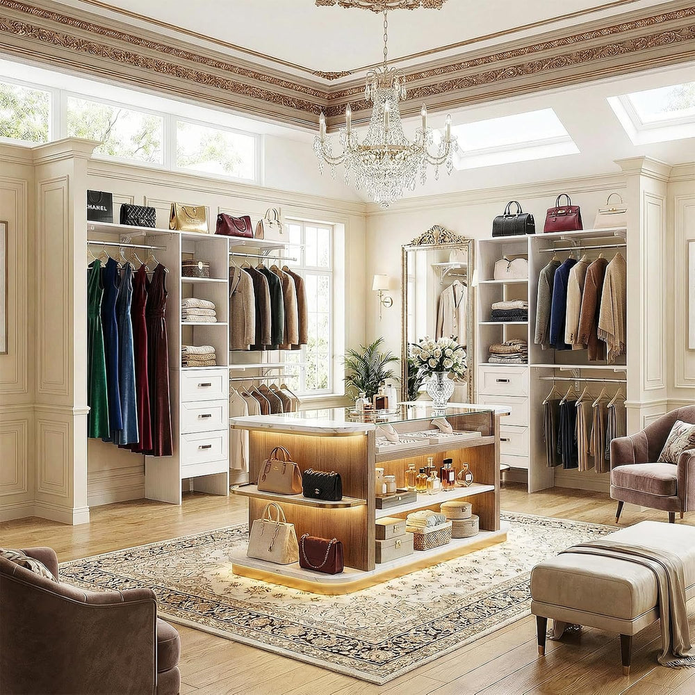 8FT Closet System with 3 Curved Drawers, 96'' Wooden Walk-in Closet O...