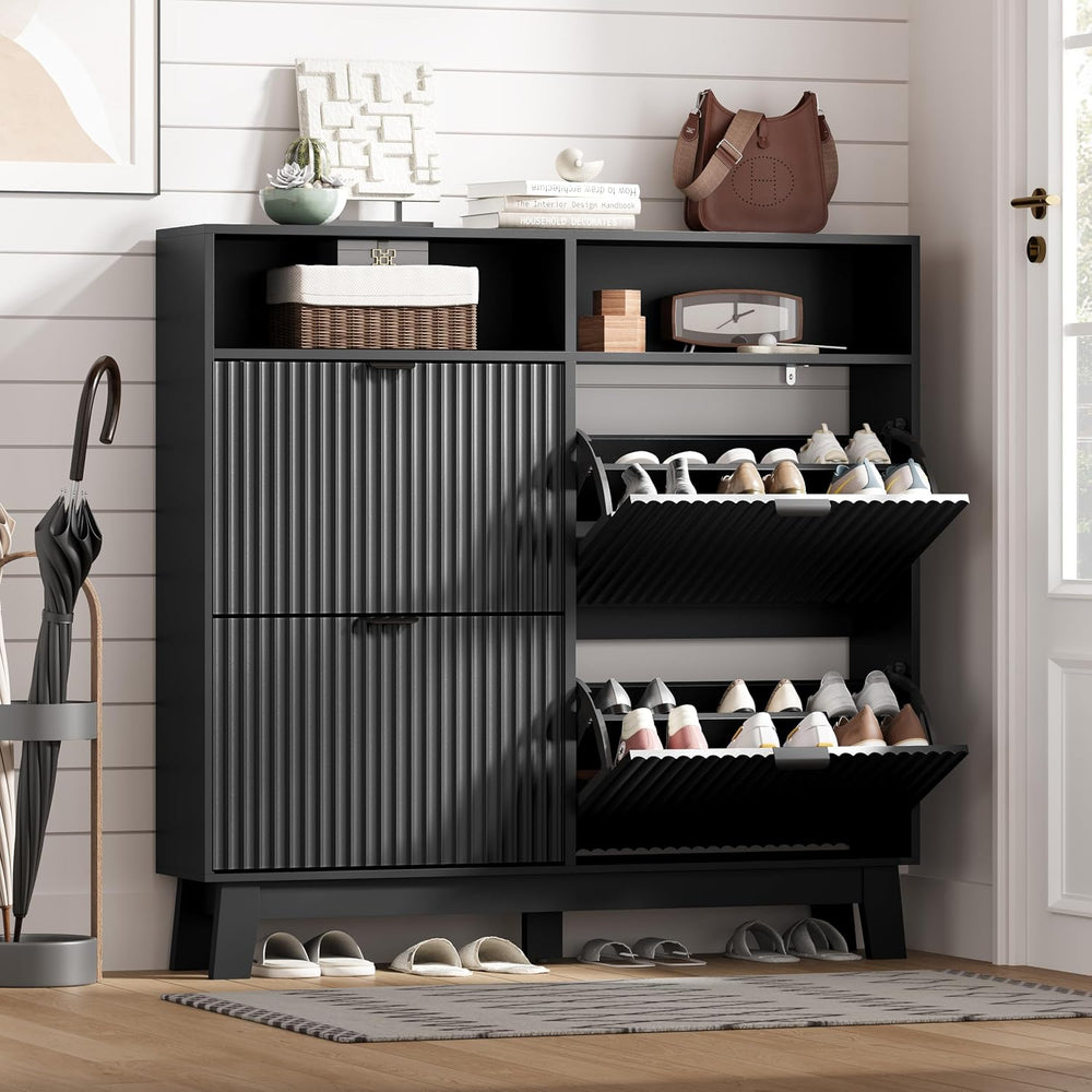 Shoe Cabinet Storage for Entryway with 4 Flip Drawers, Fluted Narrow Shoe Org...