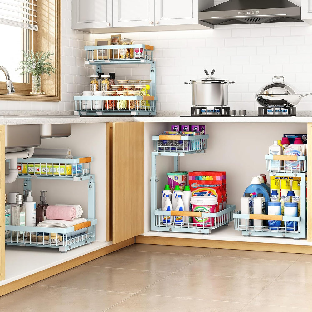 PXRACK Under Sink Organizer, Adjustable Height, 2 Tier Pull Out Under Cabinet...