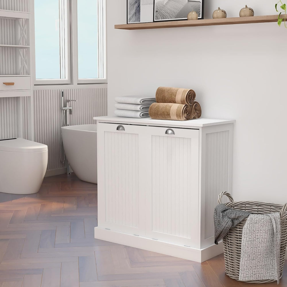 RASOO Double Tilt Out Trash Cabinet White Free Standing Laundry Sorter Cabine...