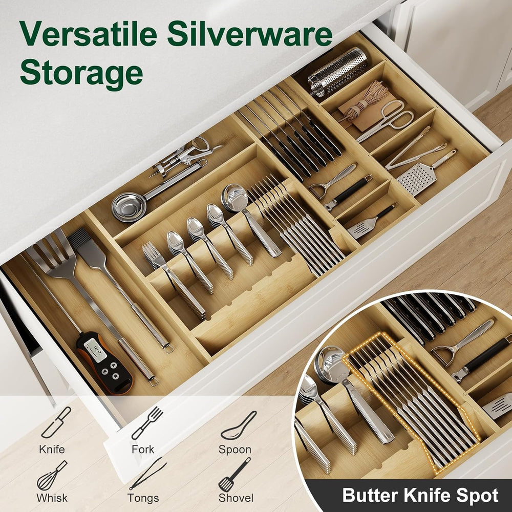 Bamboo Silverware Drawer Organizer, 17.72-29.53 Inch Expandable Large Kitchen...