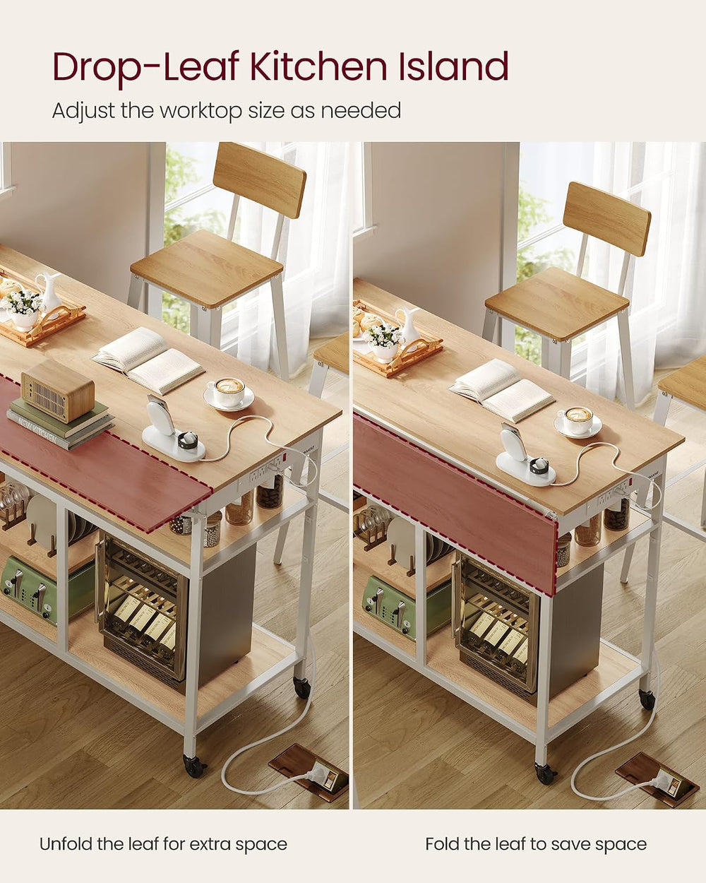 VASAGLE Kitchen Island with Drop Leaf, Power Strip, Pegboard, 47.2" Width