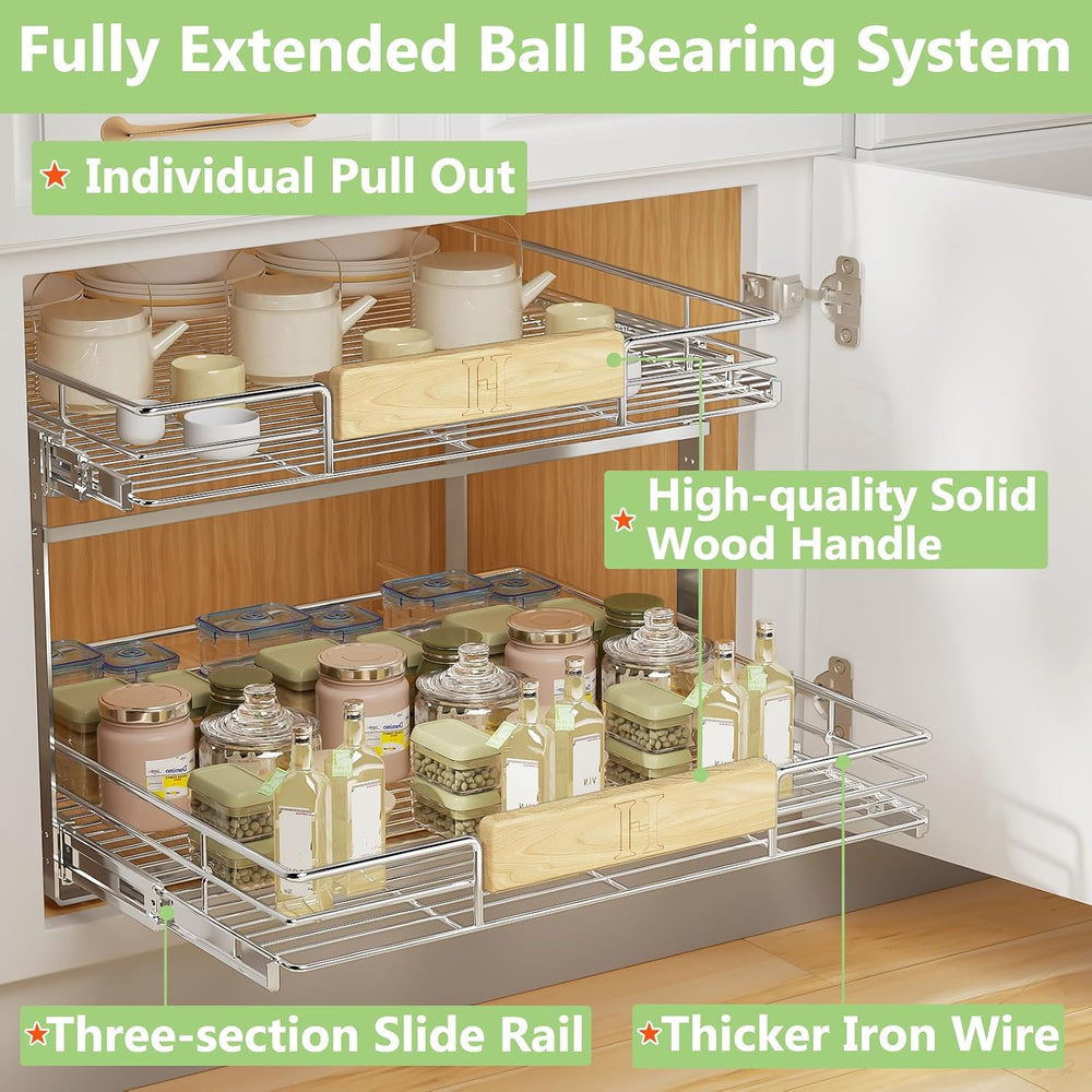 2 Tier Pull Out Cabinet Organizer with Wooden Handle, 28½" W x 21½"...