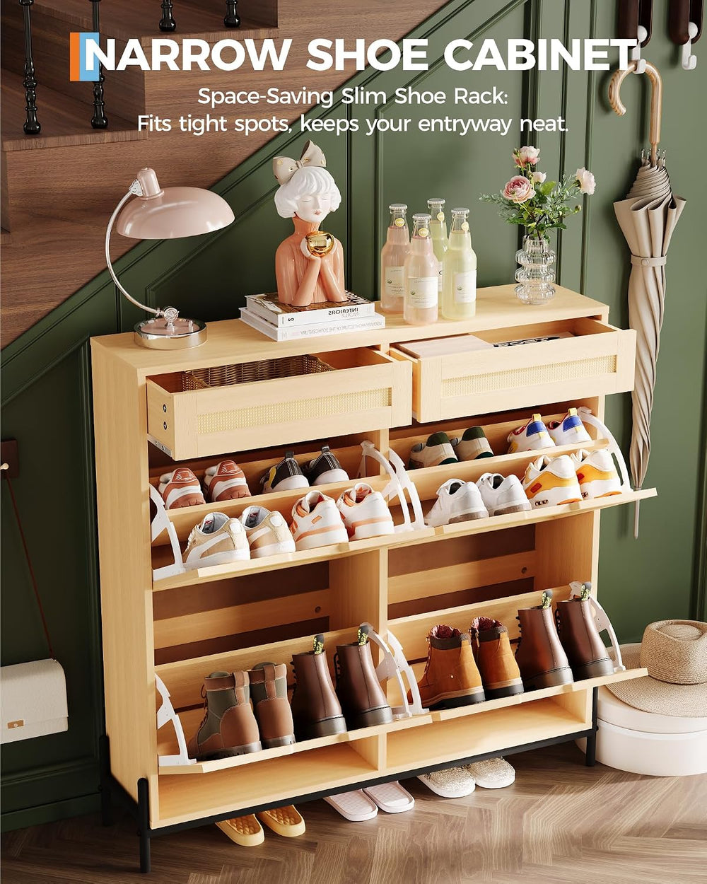 GarveeHome Rattan Shoe Cabinet Storage with 4 Flip Drawers & 2 Top Drawer...