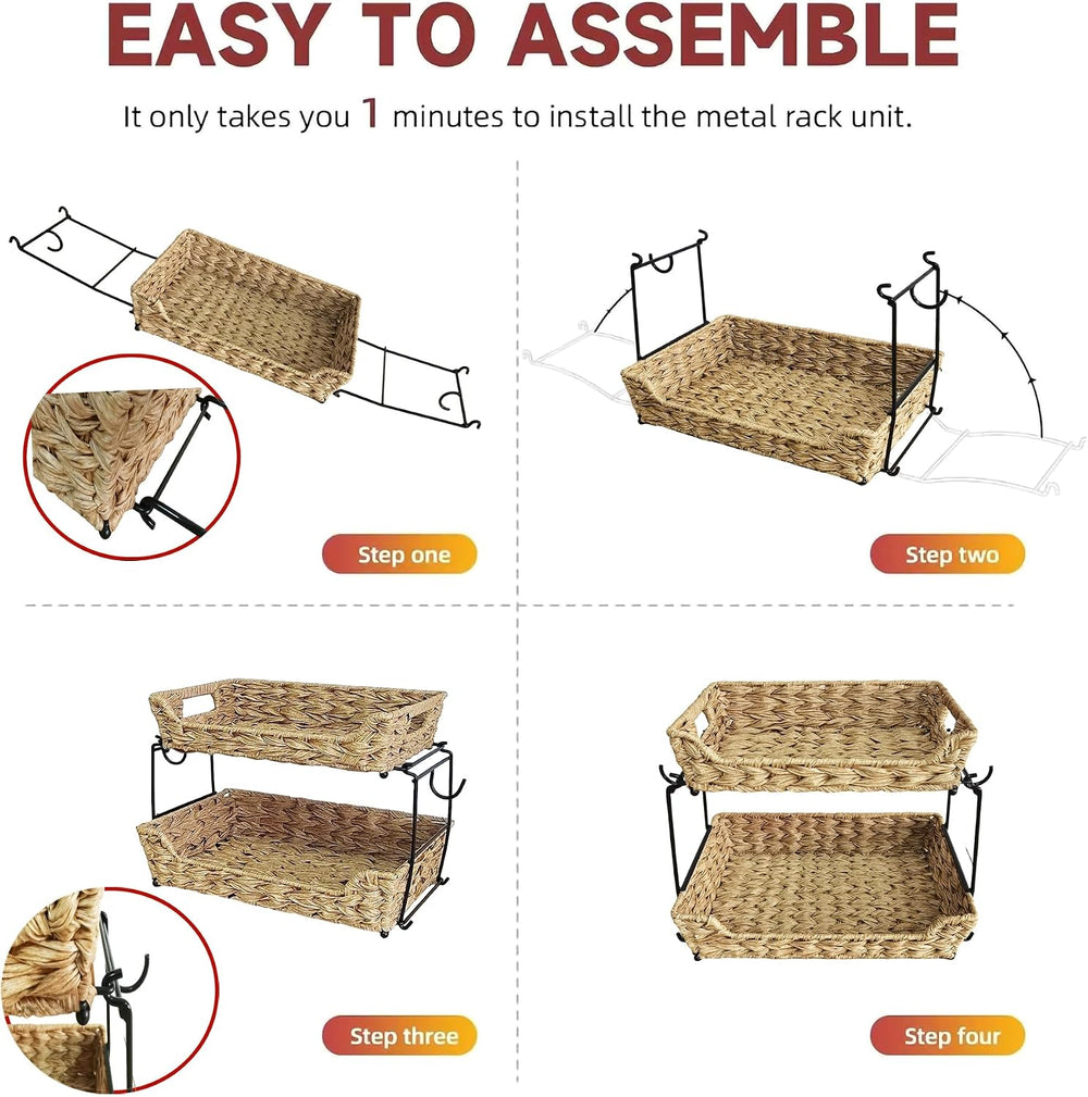 2-Tier Round Faux Rattan Wicker Storage Basket with Metal Frame, Countertop O...