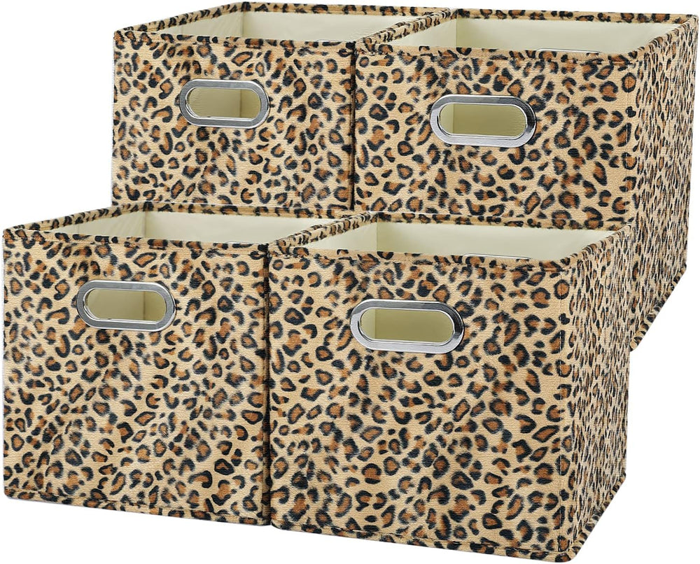 ANMINY Leopard Cheetah Print Storage Cubes Bins, Velvet, Brown, 11Inch 4PCS