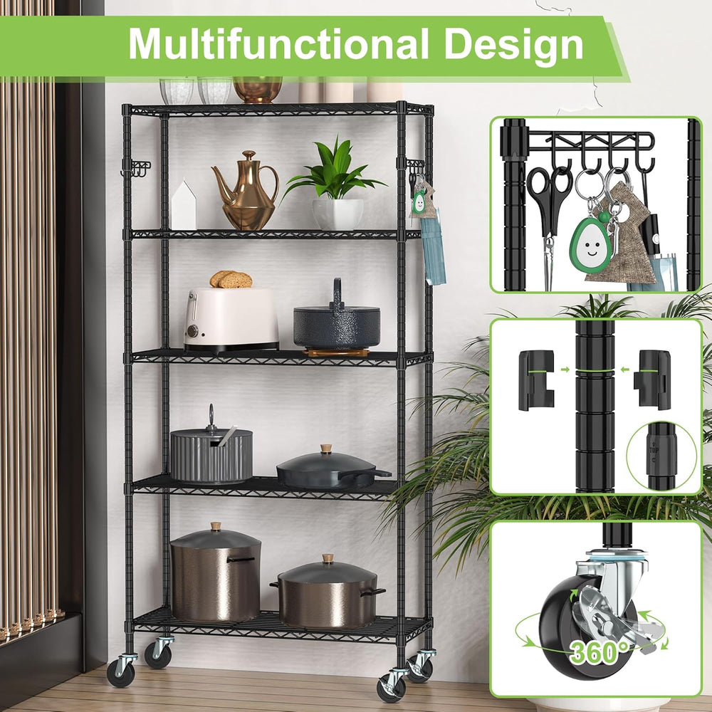 5 Tier Wire Metal Shelving Rack Garage Storage Rolling Shelves with Wheels