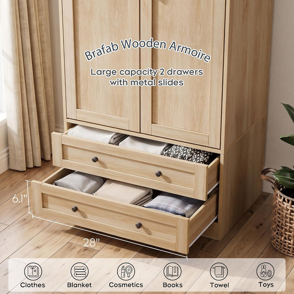 Brafab Wooden Armoire Wardrobe Closet with Drawers, Natural, Set of 2