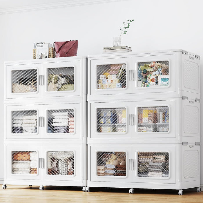 BROVIEW 450Gal Extra Large Stackable Storage Bins with Lids & Wheel,1800 QT Heavy Duty Collapsible Plastic Cabinet Drawer, Open Front Door Storage Box for Home Garage, White 6 Pack