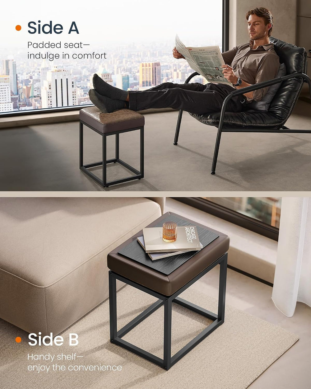 SONGMICS HOME Ottoman, Square Coffee Table, Reversible Top, Steel Frame