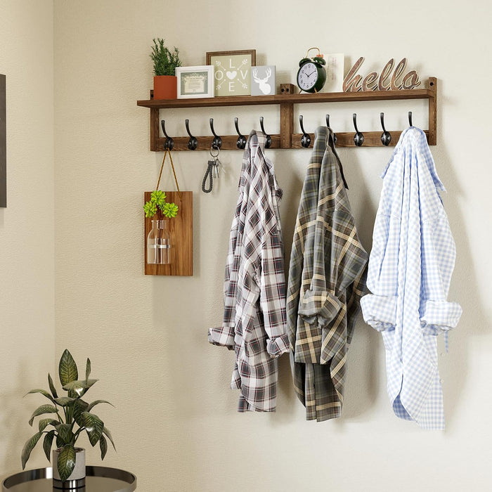 AMBIRD 34.2 inch Wooden Extra-Long Wall Hook Rack with Shelf - Versatile and Decorative Wall-Mounted Storage - 10 Hooks for Hanging Coats, Hats, Scarves - Ideal for Entryways, Bedrooms, Closets