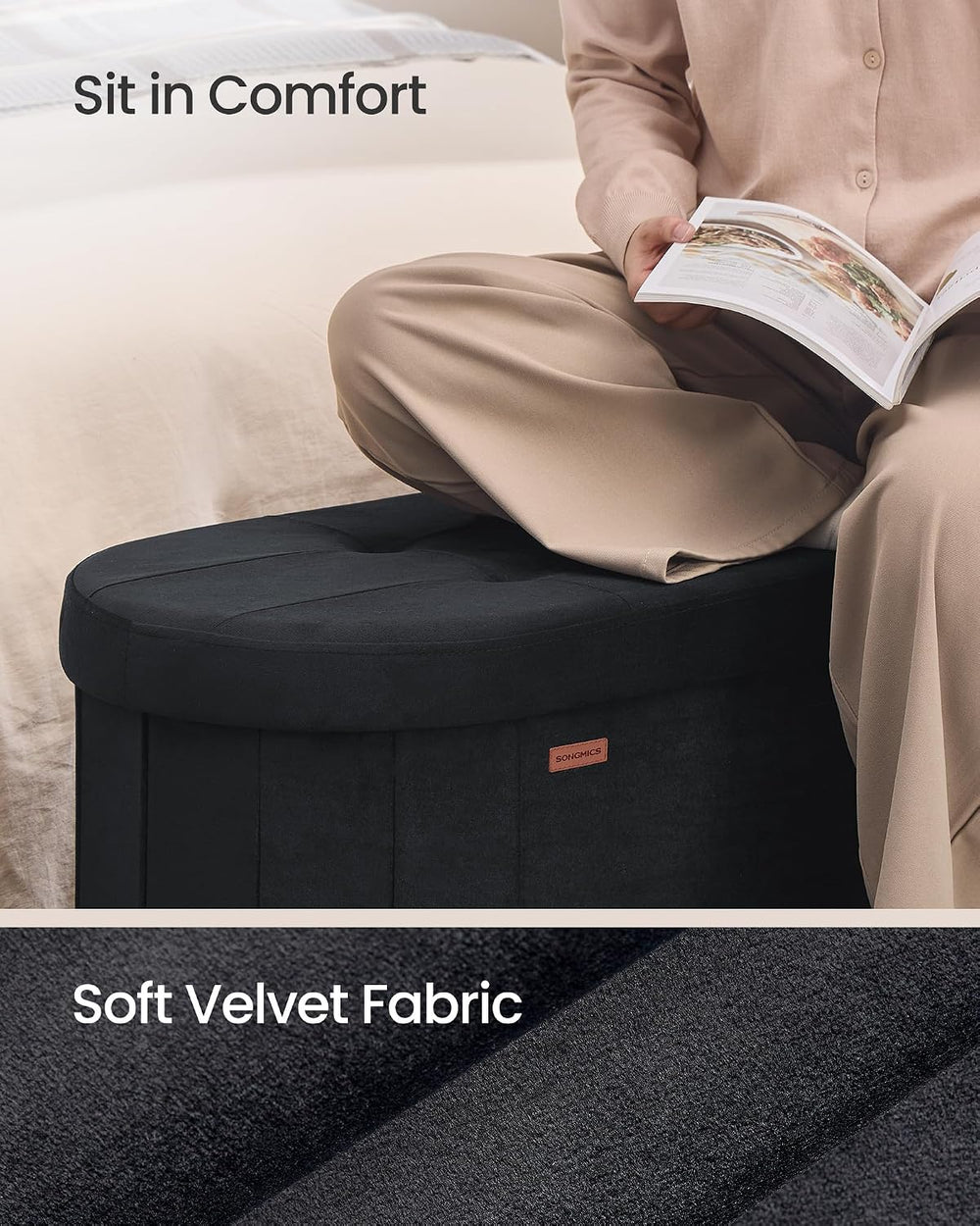 SONGMICS Folding Ottoman with Storage, Oval Bench, Velvet Fabric
