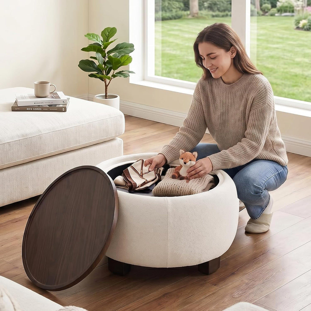 VKNOW 30 Inch Chenille Round Storage Ottoman with Wood Lift-Off Lid, Beige