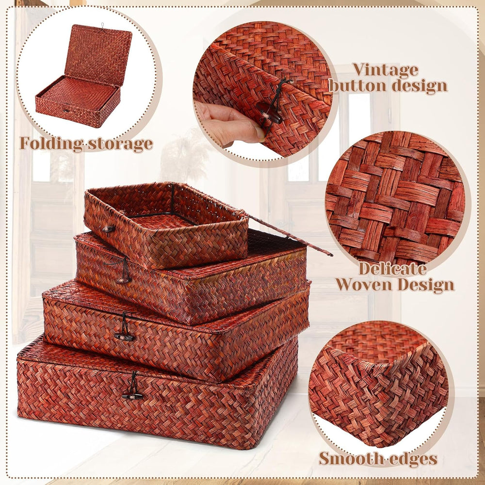 Didaey Set of 4 Seagrass Basket with Lid Wicker Storage Basket Decorative Sto...
