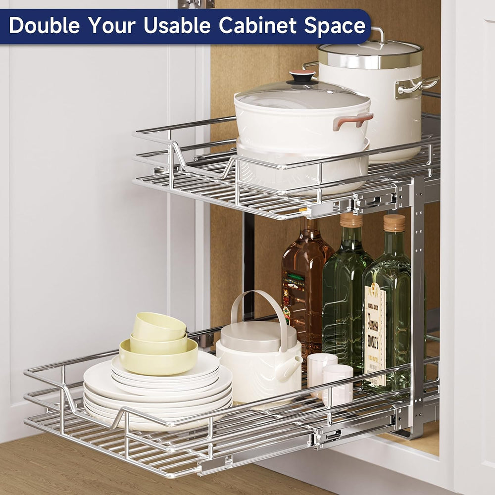 2-Tier Pull Out Cabinet Organizer, 16.5" W x 21.5" D, Heavy Duty Du...