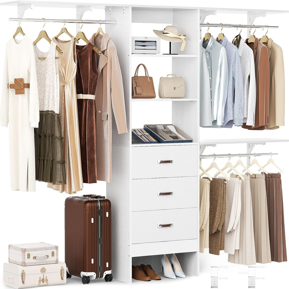 Besiost Closet System with Drawer - 8FT Wood Closet Organizer System with 3 H...