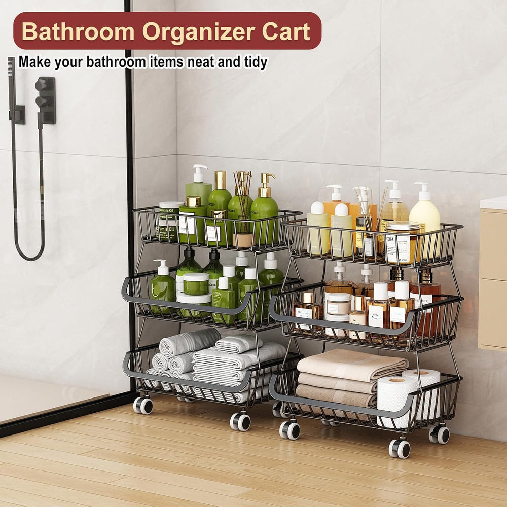 3-Tier Rolling Pantry Cart with Wheels, Stackable Wire Storage Floor Organize...