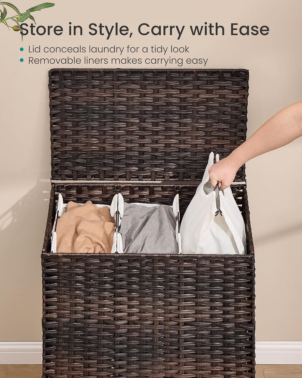 SONGMICS 3-Section Laundry Hamper with Lid, PE Rattan, 42 Gallons (160 L)