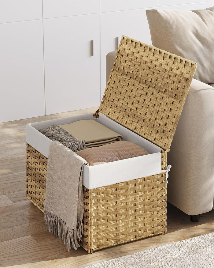 SONGMICS Woven Storage Basket with Lid, 27.7 Gallon (105L), Foldable