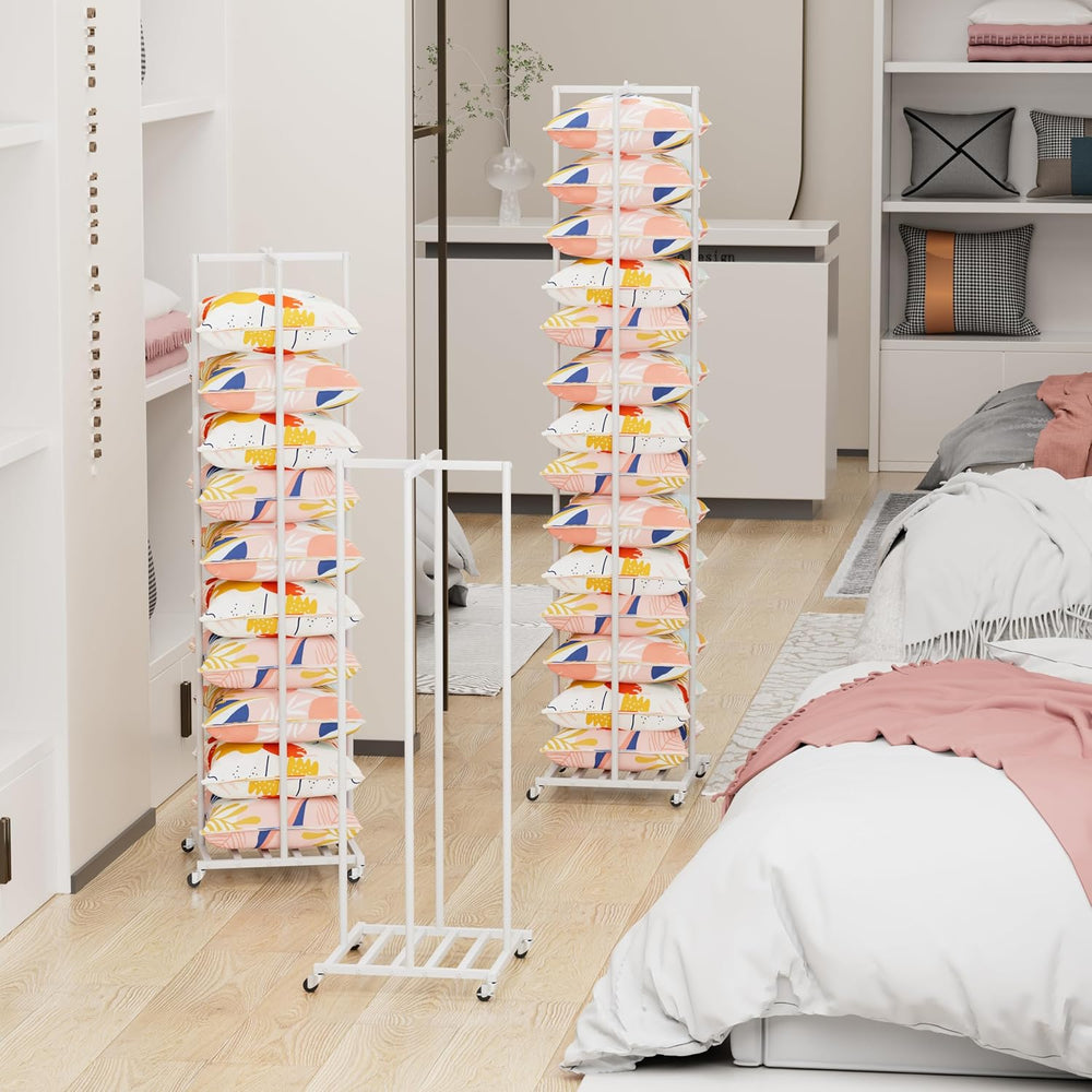 Rolling Pillow Storage Rack Organizer, Adjustable Pillow Display Rack White