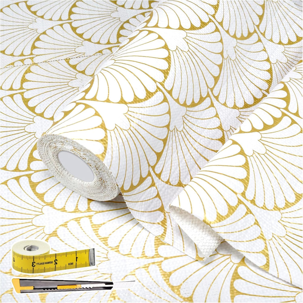 Shelf Liners Non Adhesive Gold Background White Fan-Shaped Pattern
