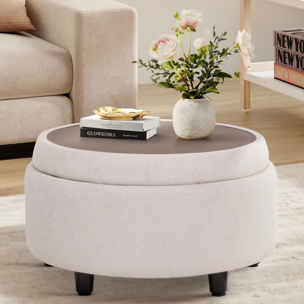 COLAMY Fabric Round Storage Ottoman with Reversible Tray Lid – Multi-Function...