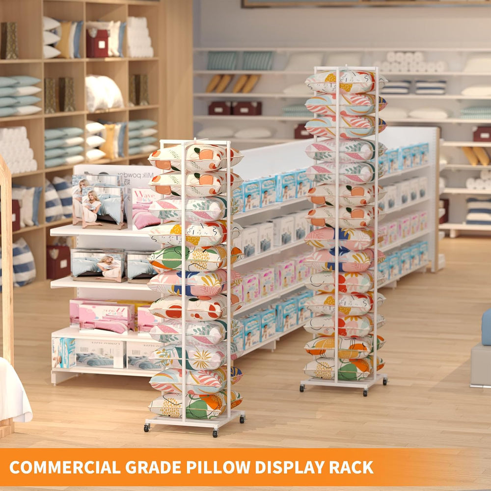 Rolling Pillow Storage Rack Organizer, Adjustable Pillow Display Rack White