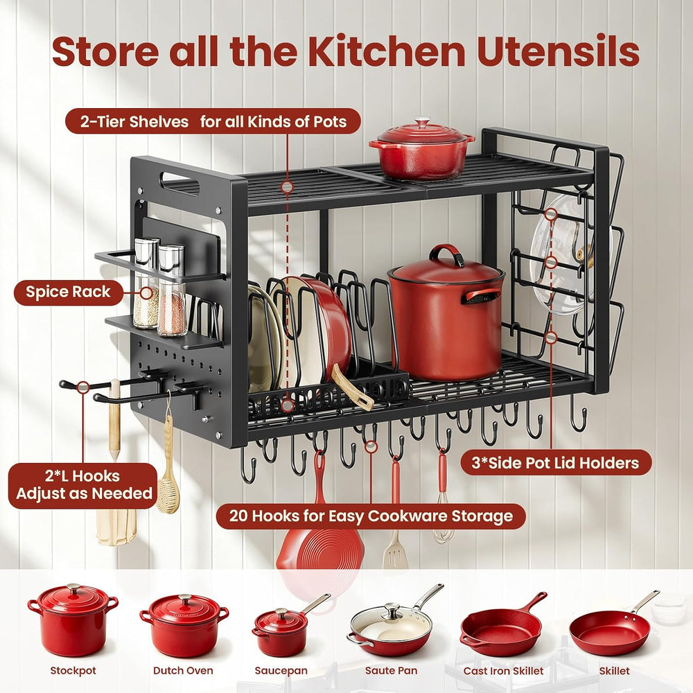 Pot Rack Wall Mount,4 in 1 Hanging Heavy Duty Metal Pan Shelf Organizer with ...