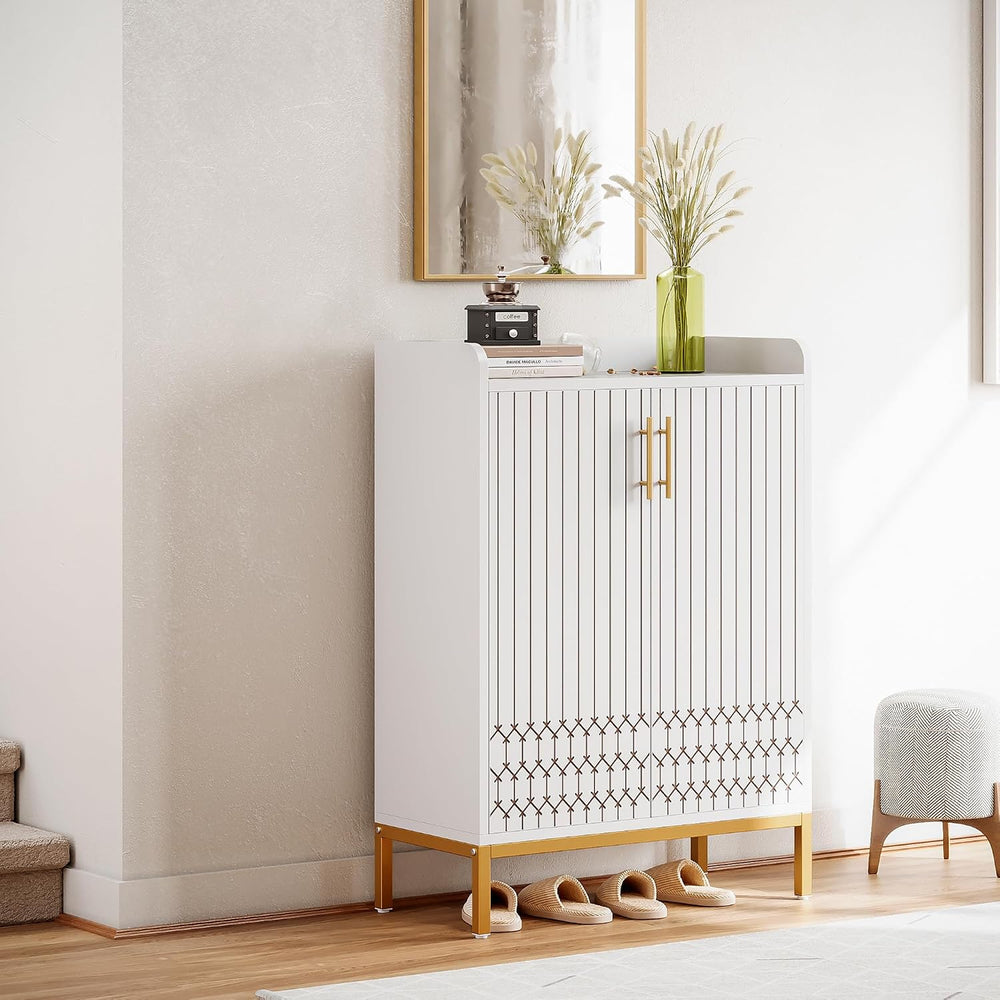 5-Tier Shoe Cabinet with Carved Lines Doors, Large Wooden Shoe Storage Cabine...