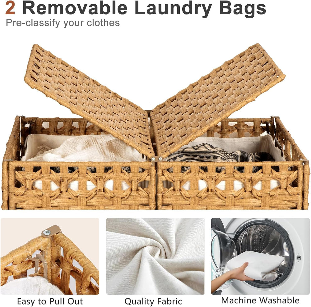 130L Foldable Laundry Hamper with Lid - Handwoven Rattan Storage Basket, 2-Se...