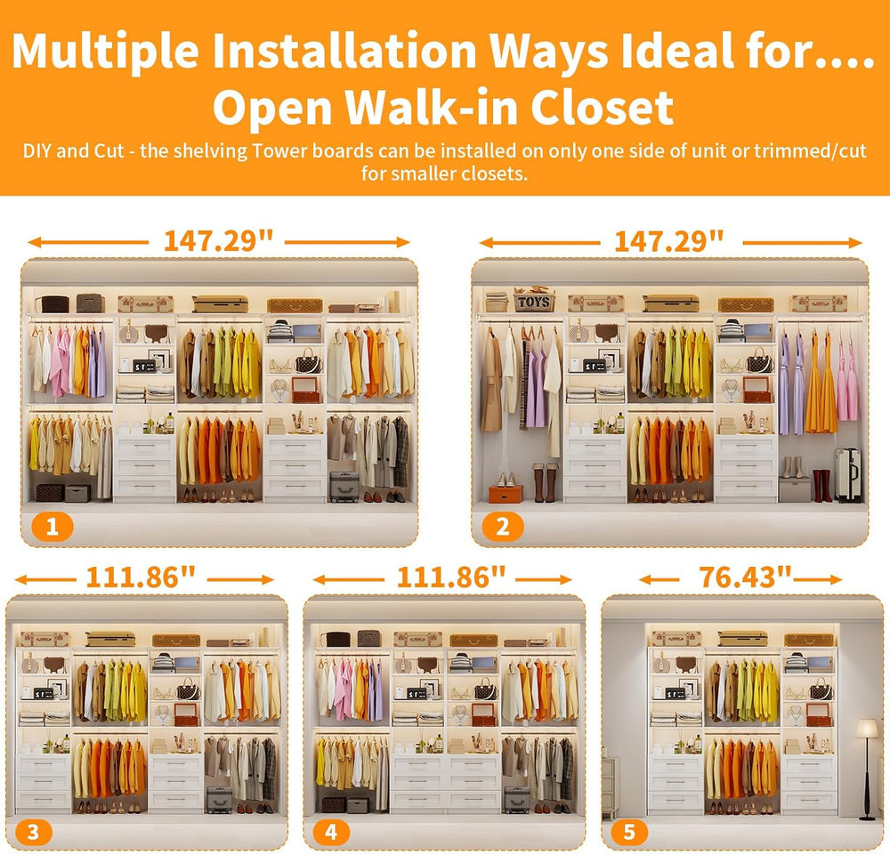 Closet System with 6 Drawers, 6-12FT Closet Organizer System with Cuttable Sh...