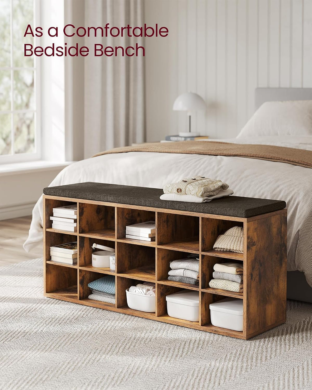 VASAGLE Shoe Bench with Cushion, 15 Compartments, 11.8 x 41.3 x 18.9 Inches