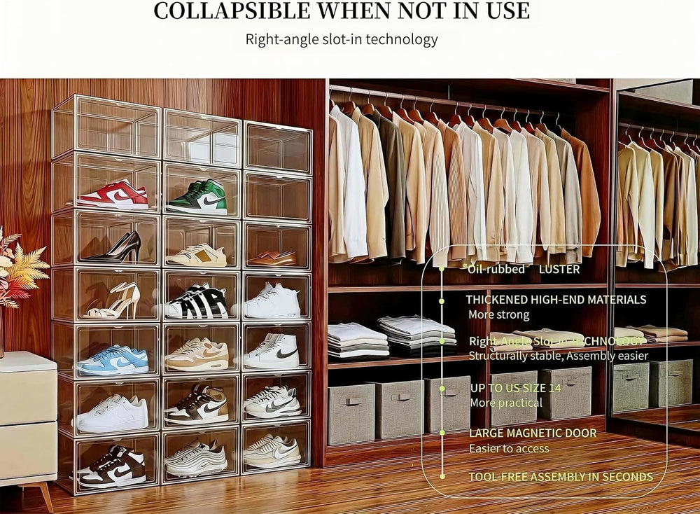 6 Pack Thickened Shoe Boxes Clear Plastic Stackable, Substantial Sneaker Stor...