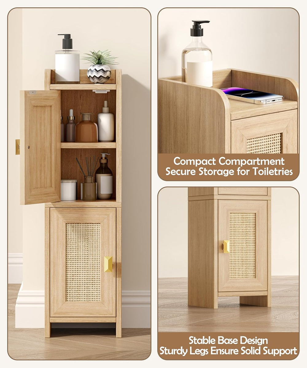 Akxomel Rattan Small Bathroom Cabinet Narrow Toilet Paper Organizer Oak
