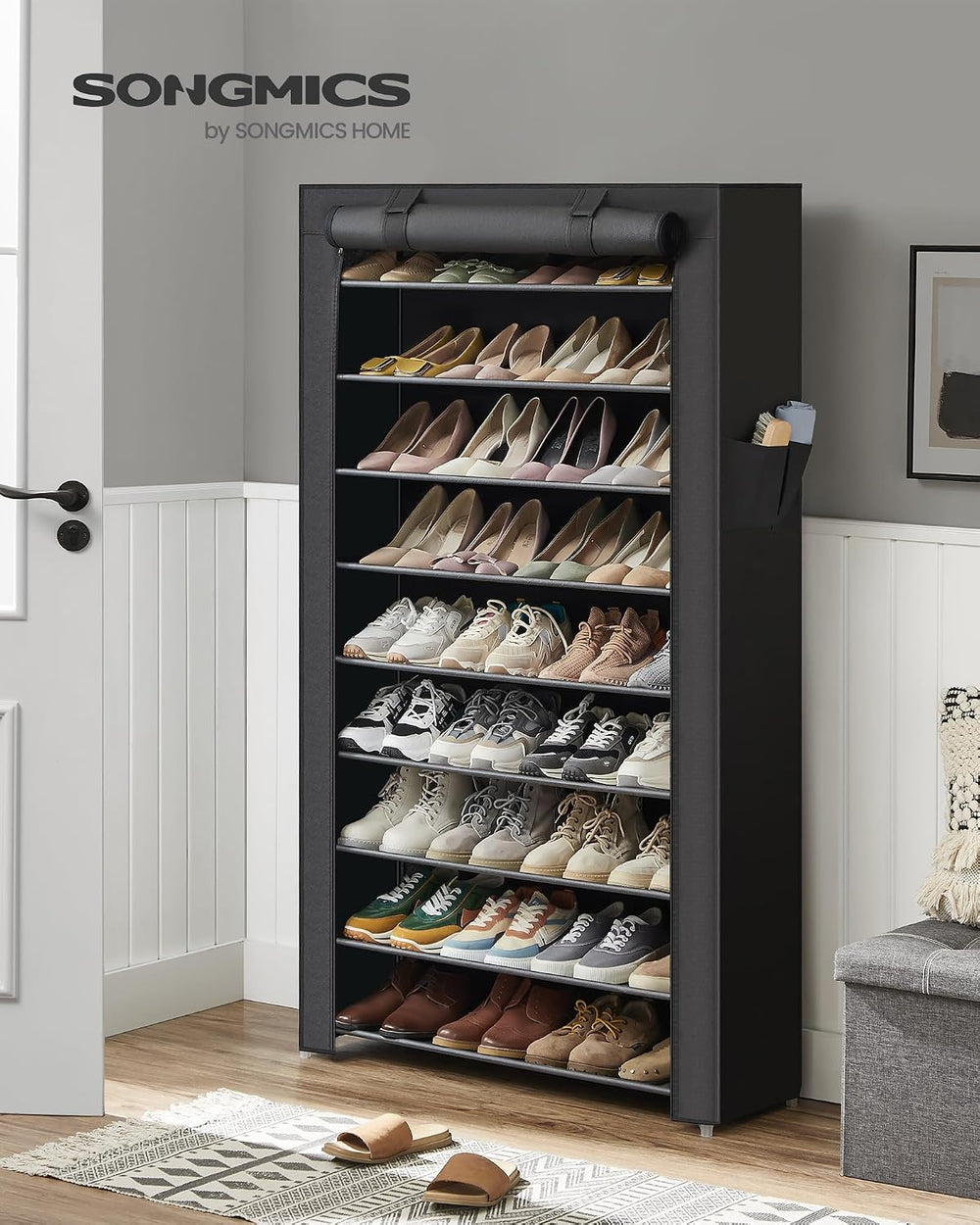 SONGMICS 10-Tier Shoe Rack with Cover, Shoe Storage Cabinet for 40-50 Pairs