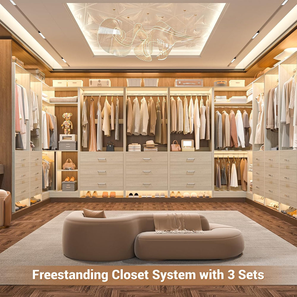 Aheaplus Closet System with 3 Drawers, L-Shaped Closet,Set of 2, White Oak