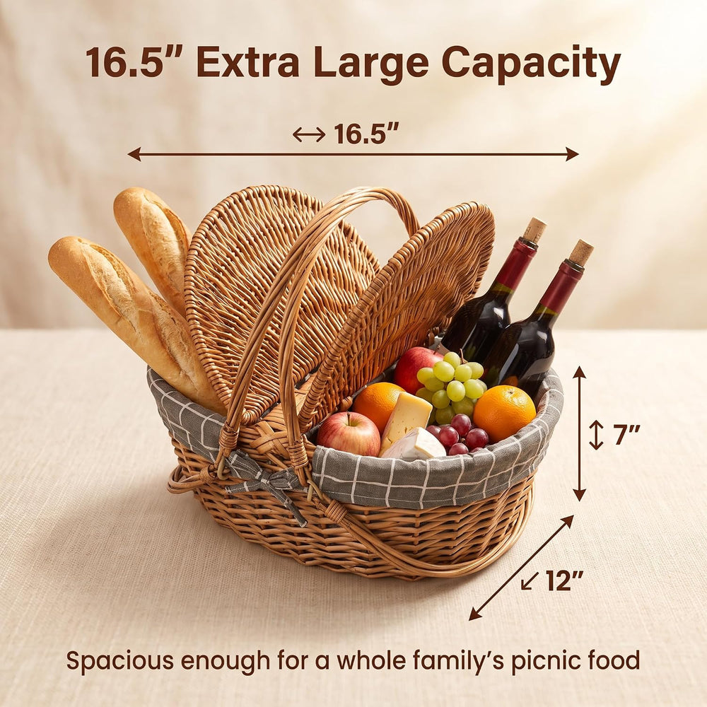 Picnic Wicker Basket with & Handles for Outdoor Camping, Grey
