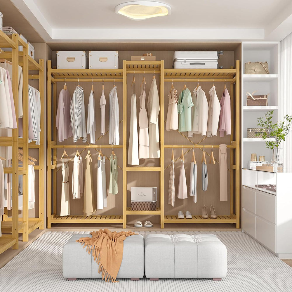 Homykic Bamboo Clothing Rack with 7 Shelves, 5 Hang Rods, 70” Wide, Natural