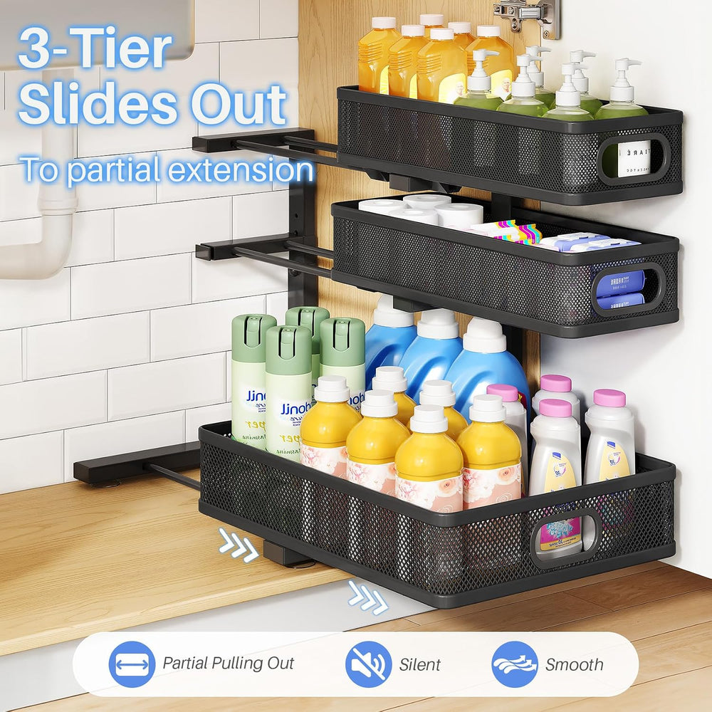 Under Sink Organizer, 3-Tier Thickened Metal Pull out Cabinet Organizer Shelf...