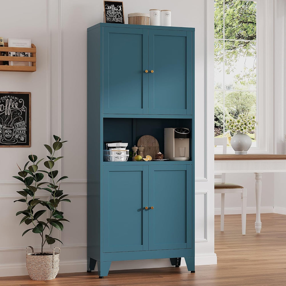 Metal Pantry Cabinet, Tall Kitchen Cabinet with 4 Doors & Adjustable Shel...