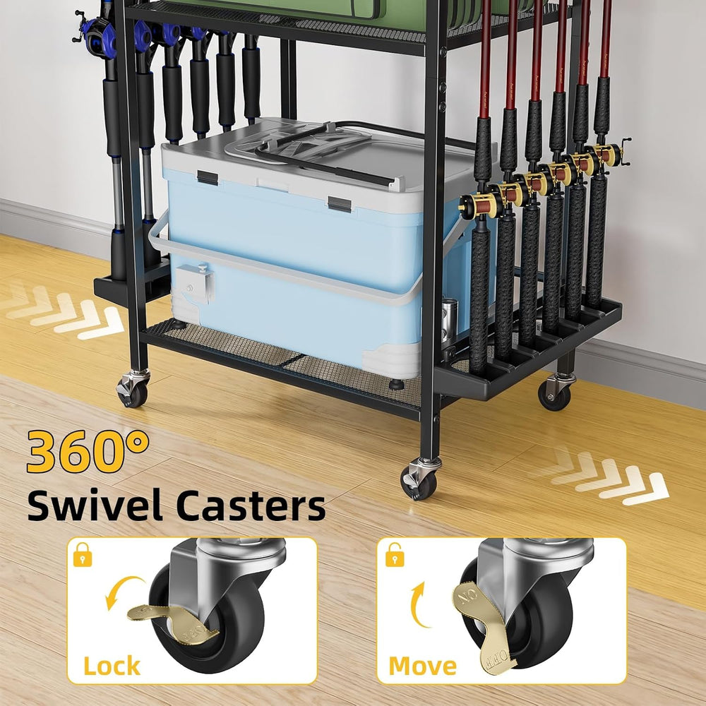 Fishing Rod Holder with Wheels for Garage, 12-Rod Fishing Pole Holders