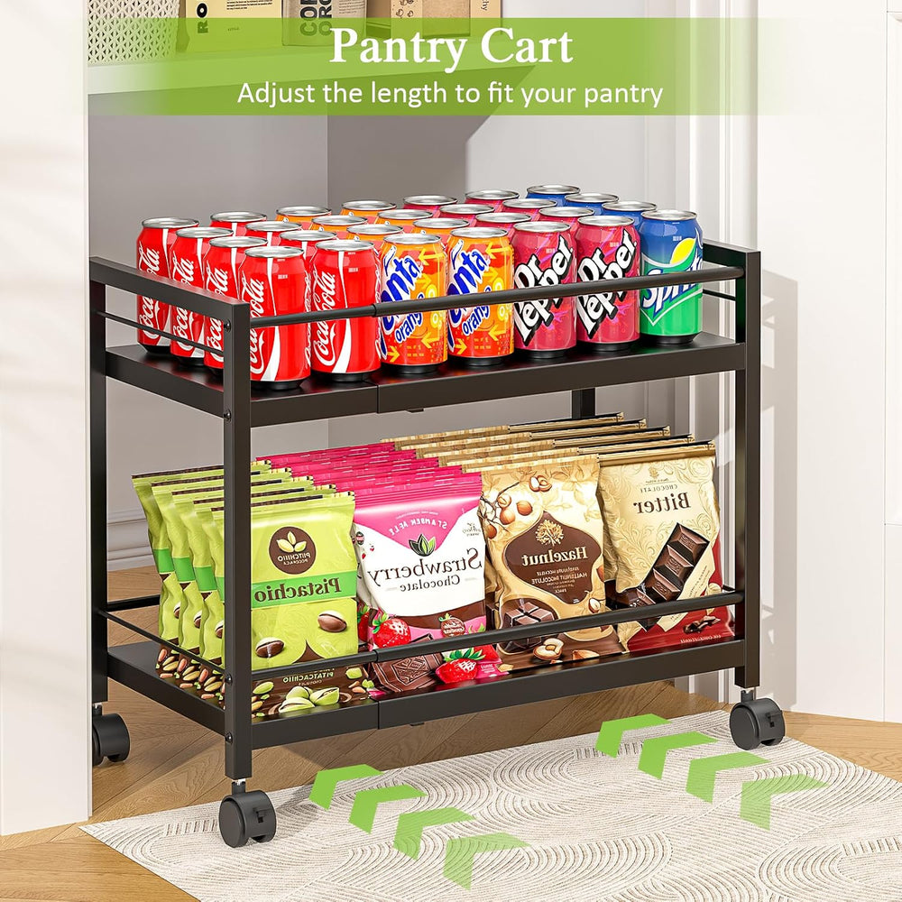 1 Pack 2-Tier Expandable Pantry Floor Organizer Cart, Rolling Pantry Storage ...