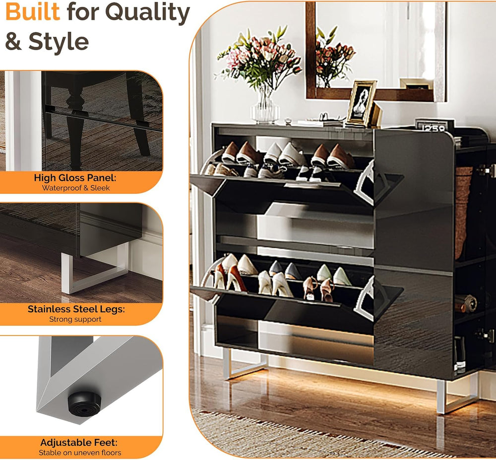 VINGLI Black Shoe Cabinet with LED Lights, Narrow Shoe Storage Organizer with...