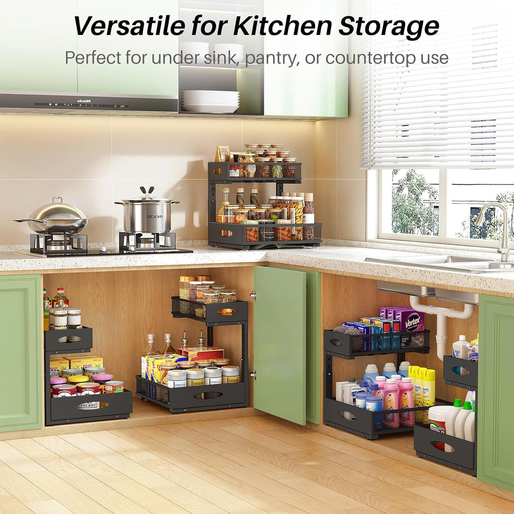 Under Sink Organizer, 1-Pack Pull Out Cabinet Organizer 2 Tier Metal Slide Ou...